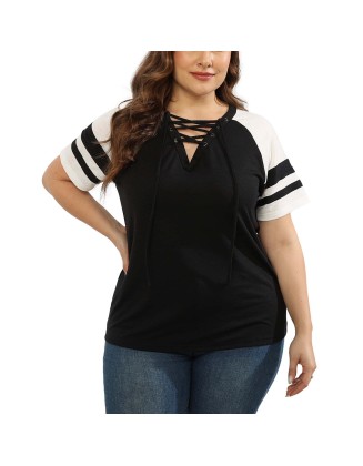 Large size T-shirt short sleeve V-neck tying rope splicing contrast sleeve shirt T-shirt female