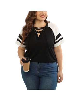 Large size T-shirt short sleeve V-neck tying rope splicing contrast sleeve shirt T-shirt female