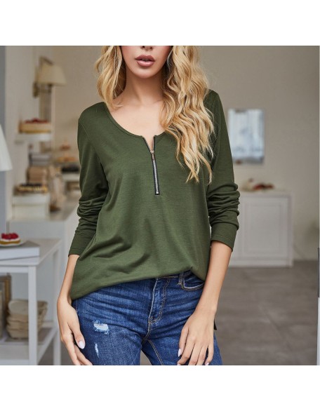 Beauty-style T-shirt with hollow back, front middle zipper, V-neck and solid color casual top