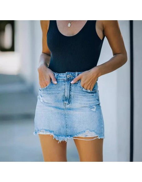 High waist and hole denim skirt Amazon washed raw edge denim bag hip skirt