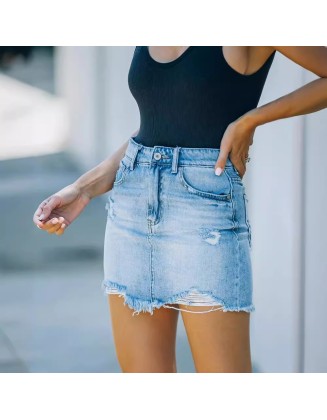 High waist and hole denim skirt Amazon washed raw edge denim bag hip skirt