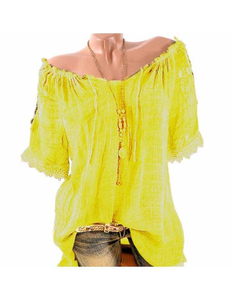 Summer ladies translucent one-shoulder short sleeve T-shirt