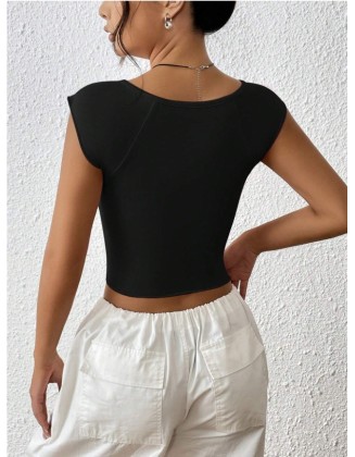 Summer new pleated sexy slim deep V-slit navel shirt T-shirt female