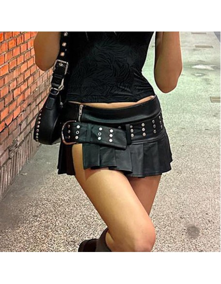 Dark rivet corns belt low waist skirt punk spice girl sexy split pleated skirt