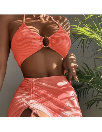 Steel ring bikini cross-border three-piece split Bikini pleated ladies swimsuit