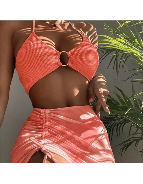 Steel ring bikini cross-border three-piece split Bikini pleated ladies swimsuit